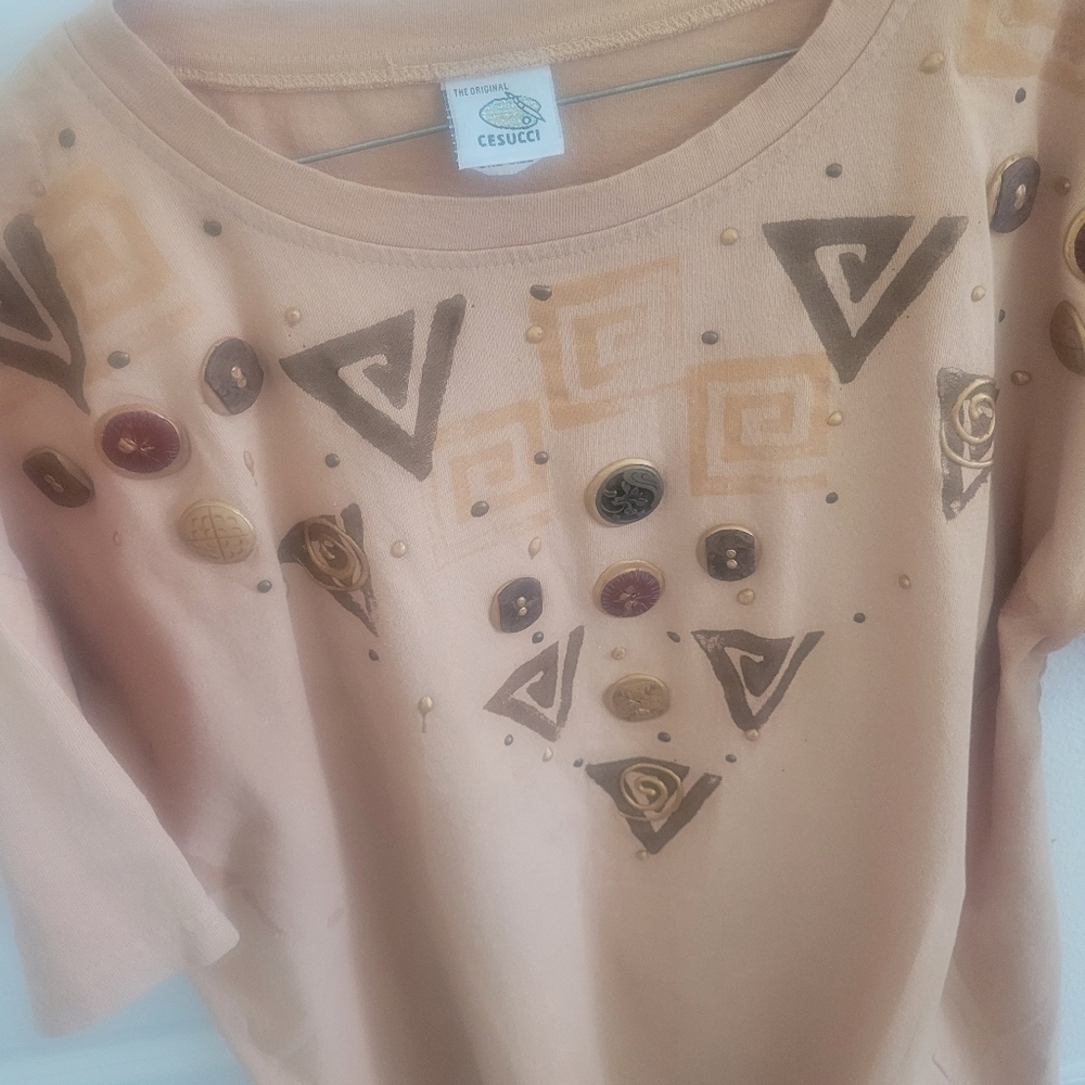 Vintage 90s Cesucci Hand Painted Embellished Tee Tan Brown Geometric Art Shirt - Picture 9 of 10